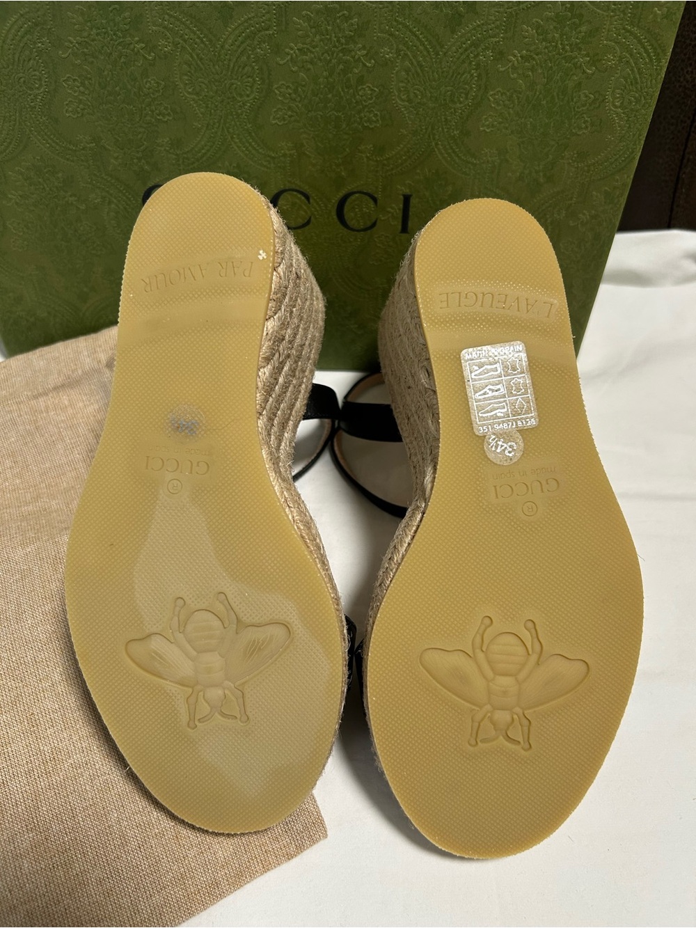 NWT Gucci Aitana Black Leather Espadrille Wedge Sandals w Gold GG Size 4.5/ 34.5 - Picture 7 of 12